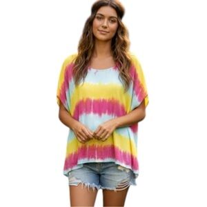 One Teaspoon Tie Dye Stripe Sleeveless Slouchy Oversized Crinkle Top Size Medium